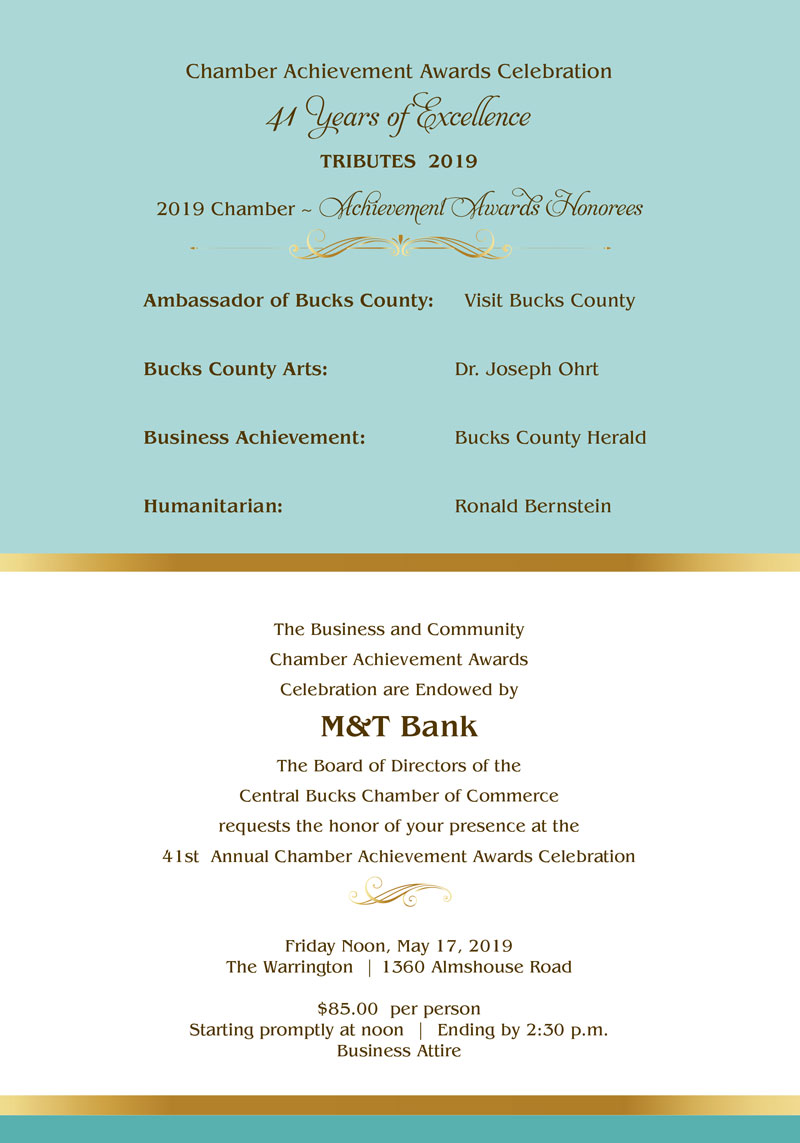 Central Bucks Chamber of Commerce Achievement Awards, Friday, May 17, 2019 at 12:00 noon, at The Warrington