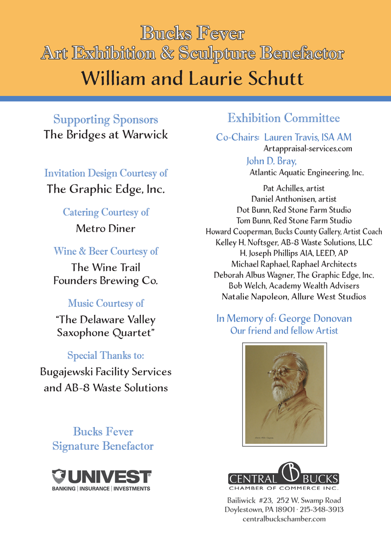 Central Bucks Chamber of Commerce 33rd Annual Bucks Fever Art Exhibition Opening Reception Thursday, April 18, 2019 at The Bridges at Warwick, 1600 Almshouse Road, Jamison, PA 18976. Visit the Central Bucks Chamber of Commerce website for more information.