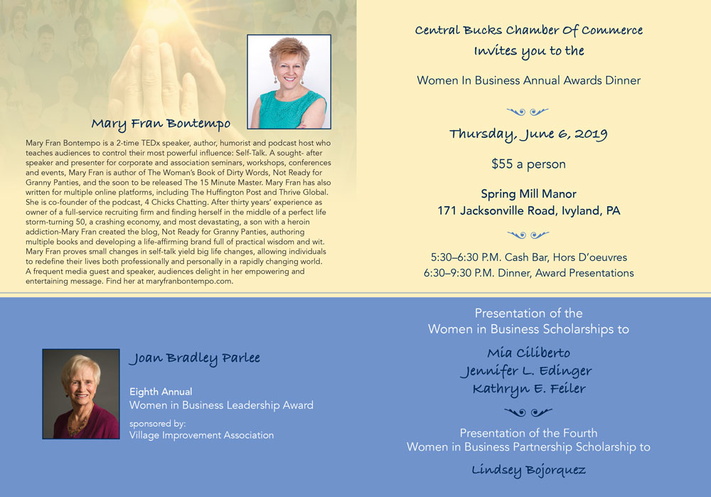 Central Bucks Chamber of Commerce Women in Business Annual Awards Dinner: Thursday, June 6, 2019, 5:30pm-9:30pm at Spring Mill Manor, 171 Jacksonville Road, Ivyland, PA. Visit the Central Bucks Chamber of Commerce website to register.